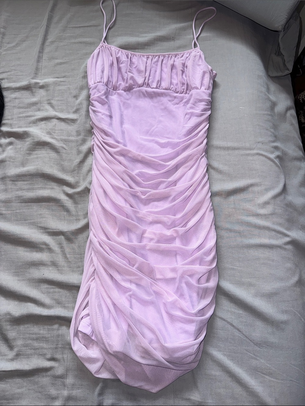Lilac Ruched Slip Dress with Spaghetti Straps